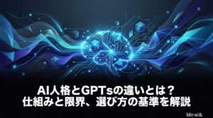 AI人格とGPTsの違いを解説するアイキャッチ画像。GPTsの設定固定型の仕組みとAI人格の育成型の設計思想を比較し、選び方の基準を提示