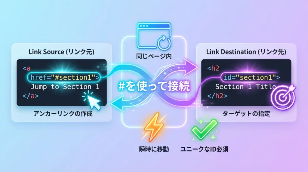 HTMLアンカーリンクの仕組み図解。aタグのhref属性とh2タグのid属性の関係性を視覚化した技術解説図