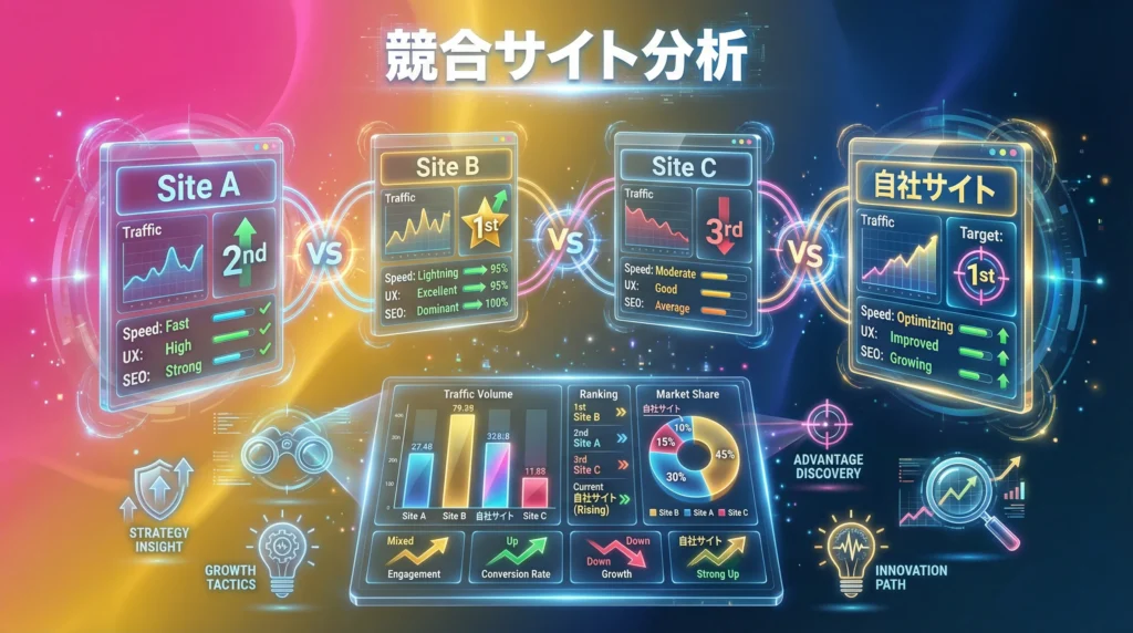 競合サイト分析：複数サイトのトラフィック量、ランキング順位、市場シェアを比較するダッシュボード