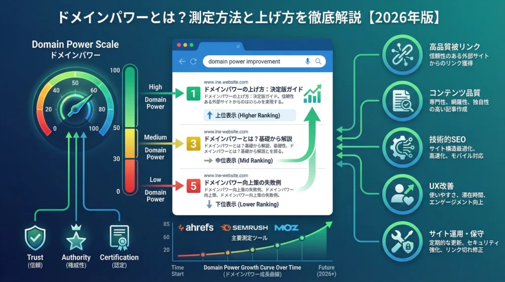 ドメインパワーの定義から測定方法、向上施策までを網羅した完全ガイド。0-100スケール、検索順位への影響、Ahrefs・SEMrush・Mozの3大ツール、被リンク・コンテンツ・技術・UX・メンテナンスの5つの向上施策を視覚化した図解