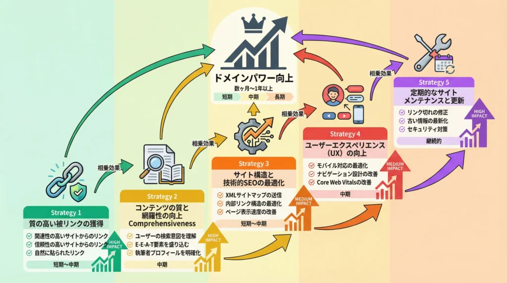 ドメインパワー向上のための5つの施策フロー図。被リンク獲得・コンテンツ品質向上・技術的SEO・UX改善・定期メンテナンスの相互関係、実施期間、インパクトレベルを視覚化した図解