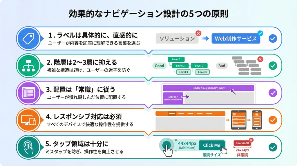 効果的なナビゲーション設計の5つの原則：ラベルの具体性、階層の最適化、配置の常識、レスポンシブ対応、タップ領域の確保をチェックリスト形式で解説