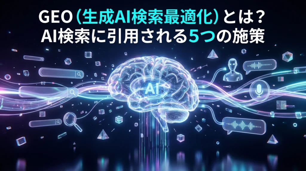 GEO（生成AI検索最適化）とは？AI検索に引用される5つの施策を解説する未来的なビジュアル。中央に透明なAI脳のホログラムがあり、検索エンジンからAIアシスタントへの変化を表現している。