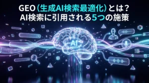 GEO（生成AI検索最適化）とは？AI検索に引用される5つの施策を解説する未来的なビジュアル。中央に透明なAI脳のホログラムがあり、検索エンジンからAIアシスタントへの変化を表現している。