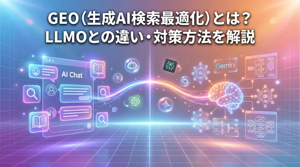 GEO（生成AI検索最適化）とLLMOの違いを解説するアイキャッチ画像。左側にGEOのAIチャット検索アイコン、右側にLLMOのニューラルネットワーク図が配置され、中央で接続されている未来的なデジタル空間のビジュアル