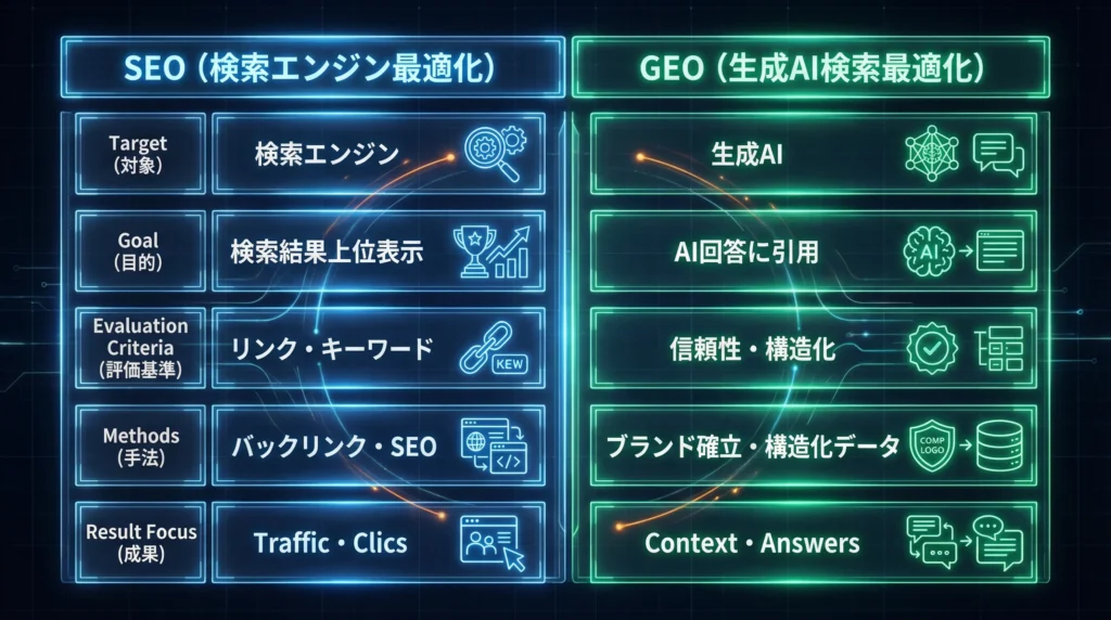 GEOとSEOの違いを比較した表。対象、目的、評価基準、手法、成果の5つの観点から、検索エンジン最適化と生成AI検索最適化の本質的な差異を明確に示している。
