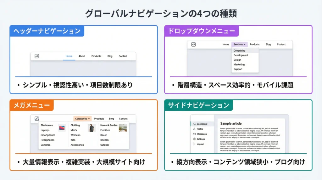 グローバルナビゲーションの4つの種類を比較：ヘッダーナビゲーション、ドロップダウンメニュー、メガメニュー、サイドナビゲーションの特徴と適用場面