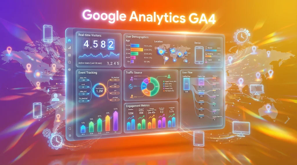 Google Analytics GA4のダッシュボード：リアルタイムレポート、ユーザー属性、トラフィックソース、エンゲージメント指標を表示