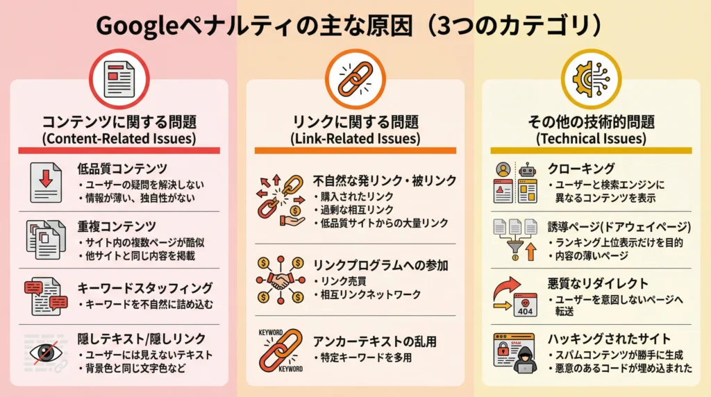 Googleペナルティの主な原因を3つのカテゴリで分類 - コンテンツ・リンク・技術的問題の具体例