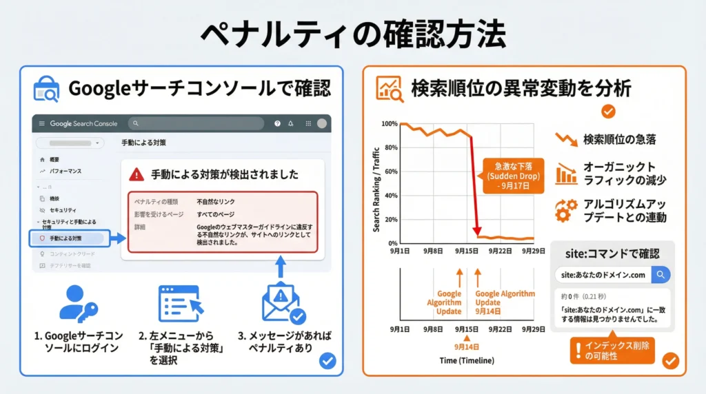 Googleペナルティの確認方法 - Googleサーチコンソールでの手動対策確認と検索順位の異常変動分析