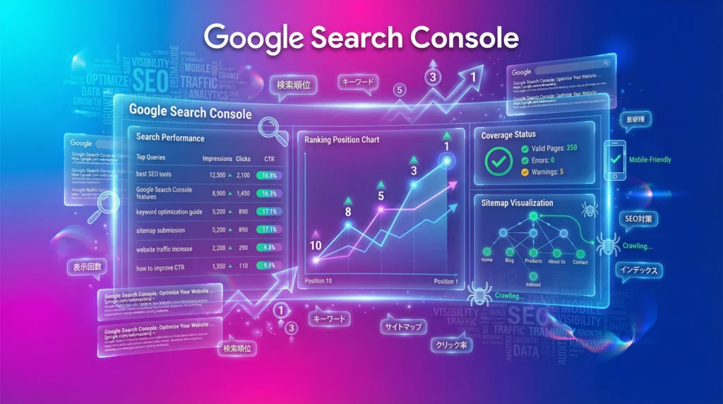 Google Search Consoleの検索パフォーマンス：キーワード別の表示回数・クリック数・CTR・掲載順位とランキング推移グラフ