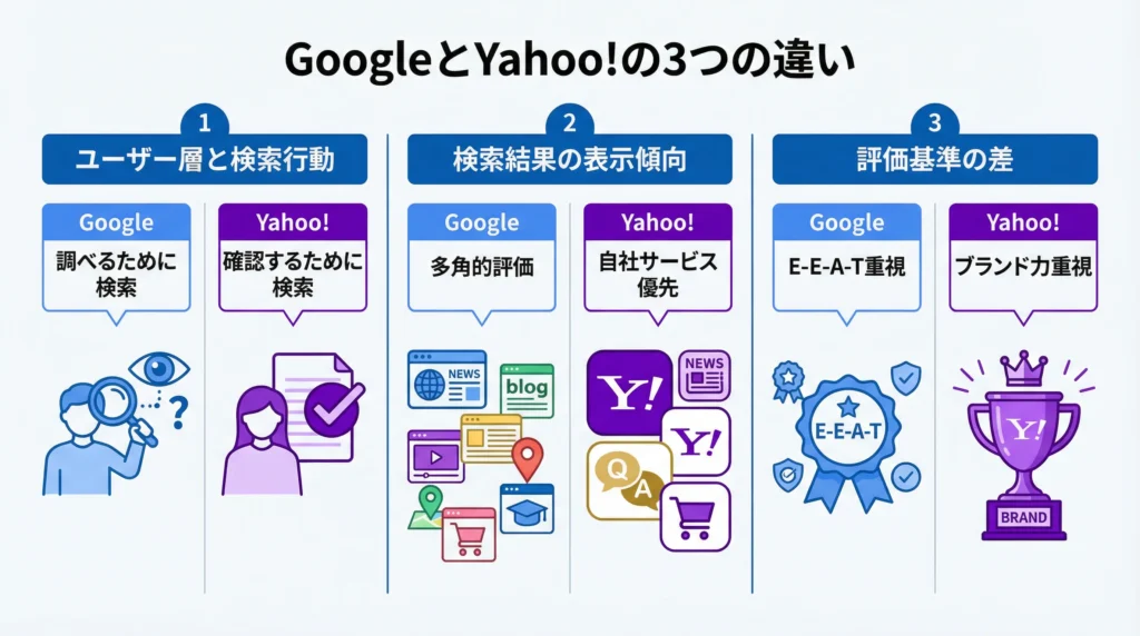 GoogleとYahoo!検索エンジンの3つの主要な違いを比較した図解。左から「ユーザー層と検索行動」「検索結果の表示傾向」「評価基準の差」の3つのセクションに分かれており、各セクションでGoogleとYahoo!を並べて比較している。Googleは青色、Yahoo!は紫色で色分けされ、アイコンと短いテキストで違いを視覚的に表現している。