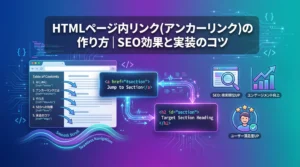HTMLページ内リンク（アンカーリンク）の作り方とSEO効果を解説するアイキャッチ画像。目次からセクションへのリンク構造とSEOメリットを視覚化