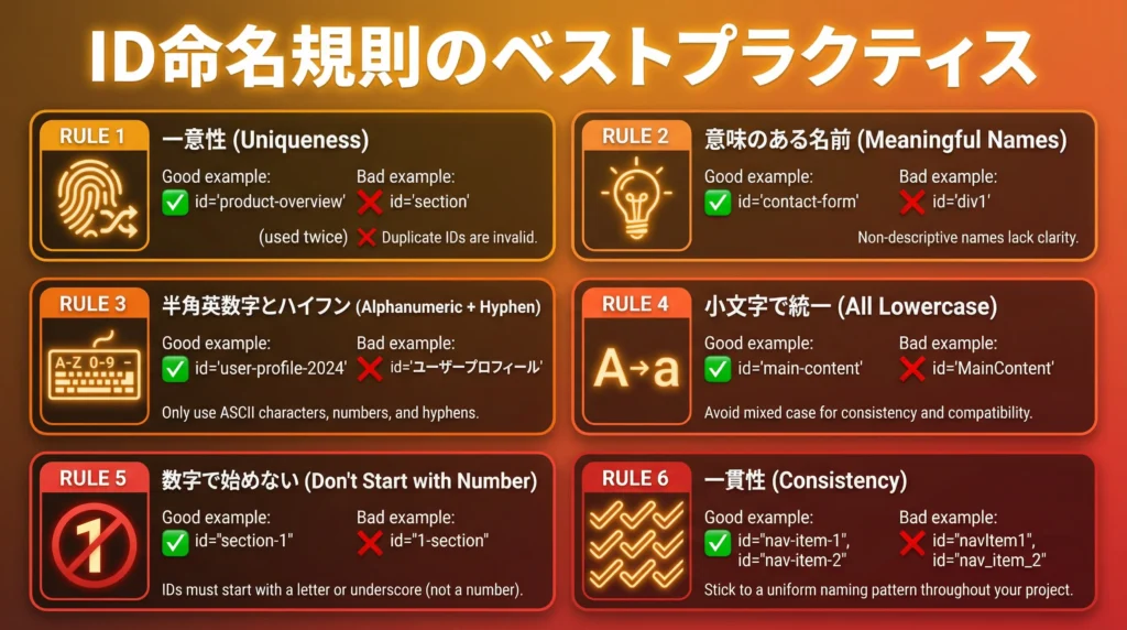 ID属性の命名規則ベストプラクティス。6つのルールを良い例・悪い例とともに解説するチェックリスト