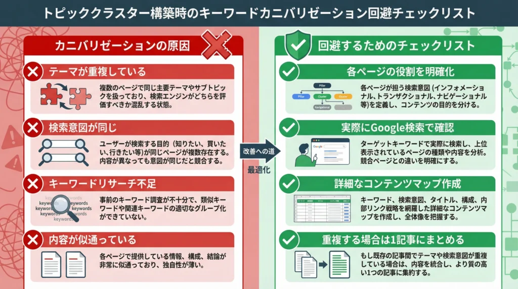 キーワードカニバリゼーション回避チェックリスト。左側に赤色で4つの原因(テーマ重複、検索意図が同じ、キーワードリサーチ不足、内容が似通っている)、右側に緑色で4つの回避方法を対比表示。