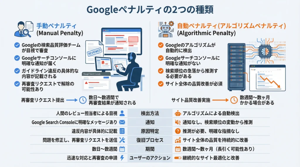手動ペナルティと自動ペナルティ(アルゴリズムペナルティ)の比較図 - 検出方法・通知・復旧プロセス・期間の違いを解説