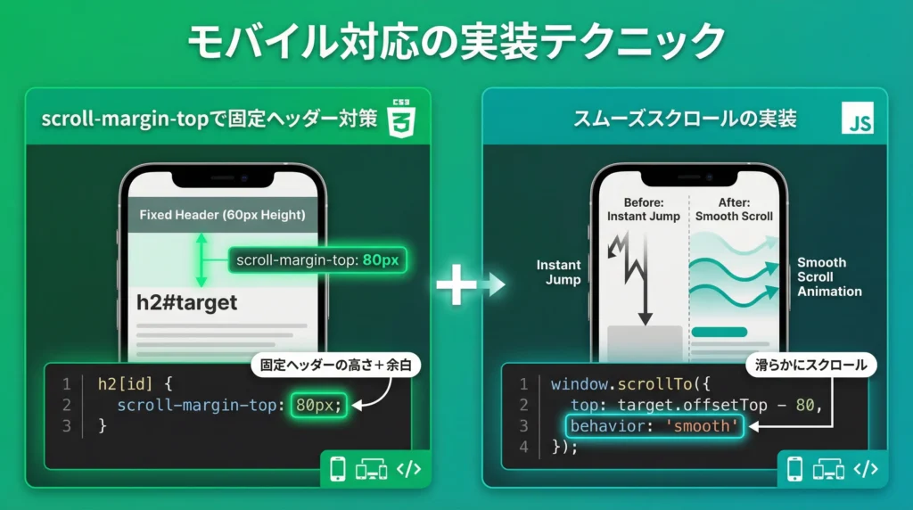 モバイル対応のページ内リンク実装テクニック。CSSのscroll-margin-topとJavaScriptのスムーズスクロールを解説