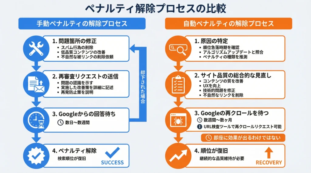 Googleペナルティ解除プロセスの比較 - 手動ペナルティと自動ペナルティの解除手順フロー図