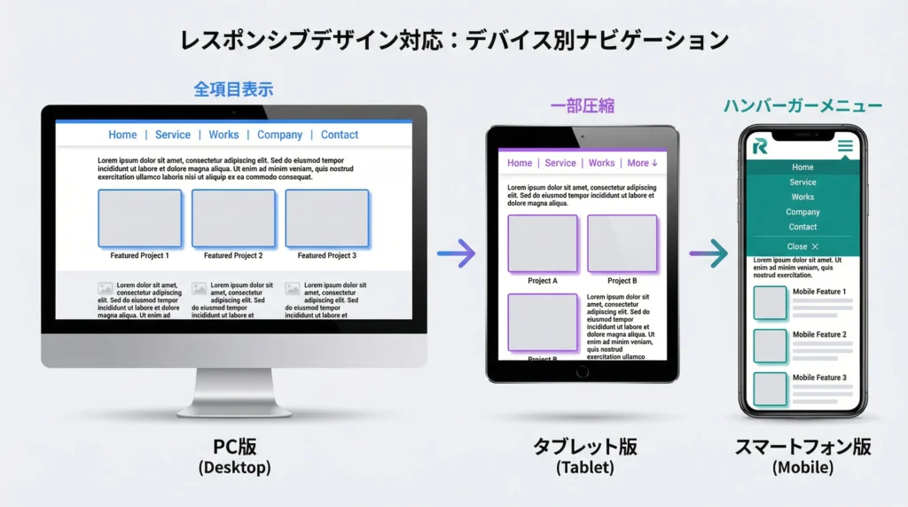 レスポンシブデザイン対応：PC、タブレット、スマートフォンでのグローバルナビゲーションの表示適応例 - 全項目表示からハンバーガーメニューへの変化