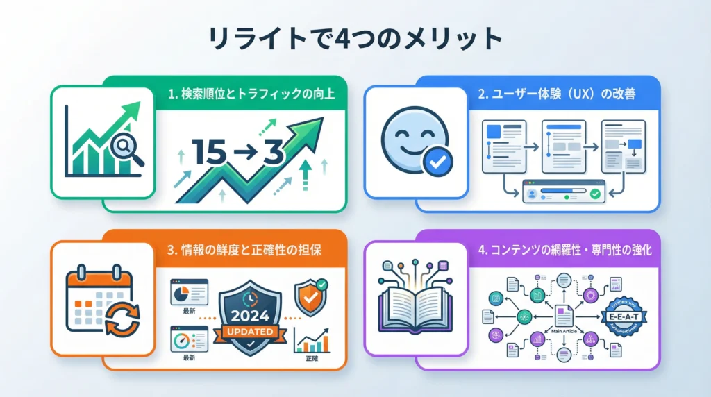 リライトで得られる4つのメリット - 検索順位とトラフィックの向上、ユーザー体験(UX)の改善、情報の鮮度と正確性の担保、コンテンツの網羅性・専門性の強化