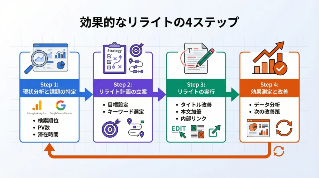 効果的なリライトの4ステップ - Step1: 現状分析と課題の特定、Step2: リライト計画の立案、Step3: リライトの実行、Step4: 効果測定と改善