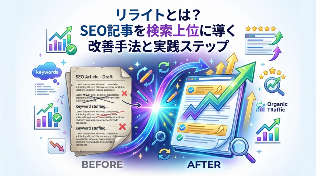 リライトとは？SEO記事を検索上位に導く改善手法と実践ステップ - Before/After比較で示すSEO記事改善プロセス