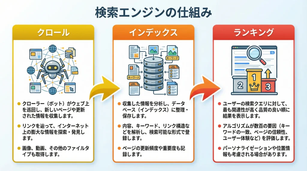 検索エンジンの3つのプロセス（クロール、インデックス、ランキング）を示すフロー図。クローラーがWebサイトを巡回し、情報を収集し、データベースに登録し、検索順位を決定する流れを視覚化。