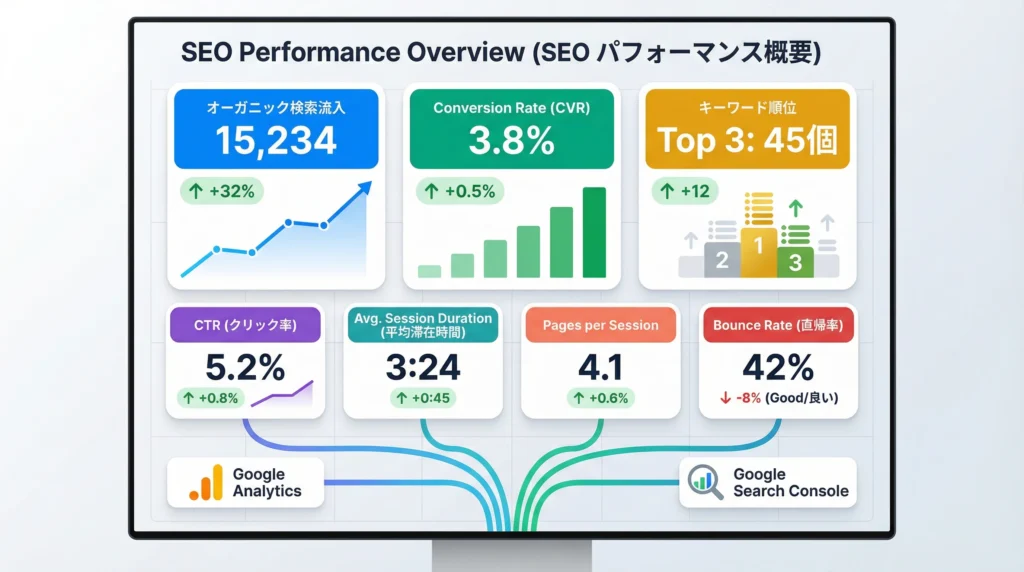 SEO効果測定ダッシュボード|オーガニック検索流入・コンバージョン率・キーワード順位などの主要指標