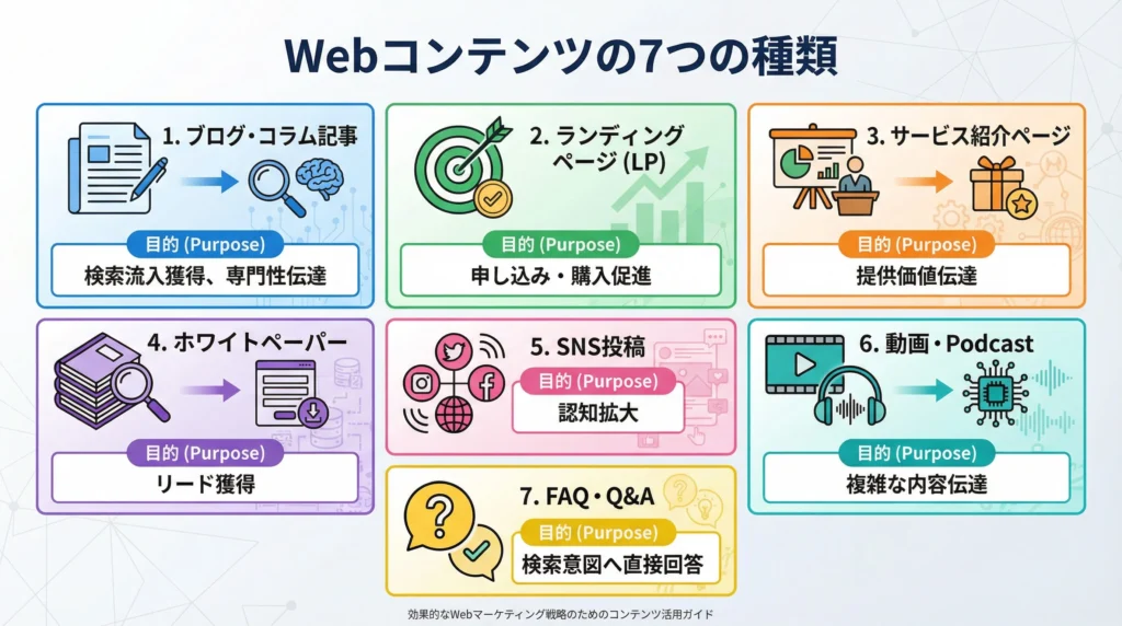 Webコンテンツの7つの種類を目的別に比較した図解|ブログ記事、ランディングページ、サービス紹介ページ、ホワイトペーパー、SNS投稿、動画・Podcast、FAQ・Q&Aの特徴と用途を一覧で解説