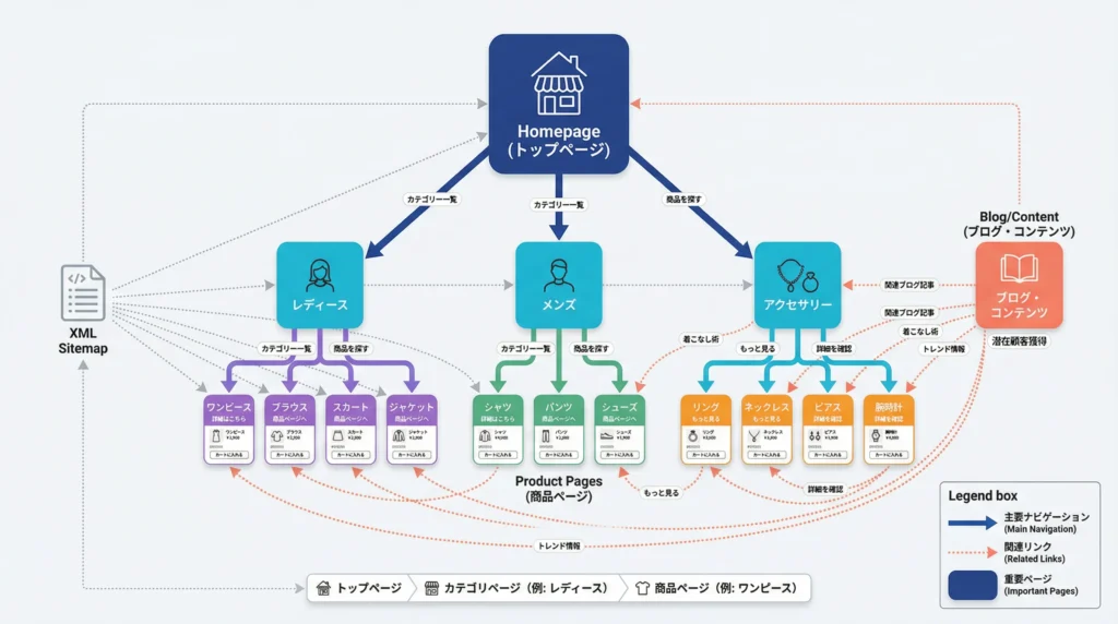 ECサイトのサイト構造と内部リンク最適化図|階層構造・カテゴリページ・商品ページ・ブログコンテンツの関係性