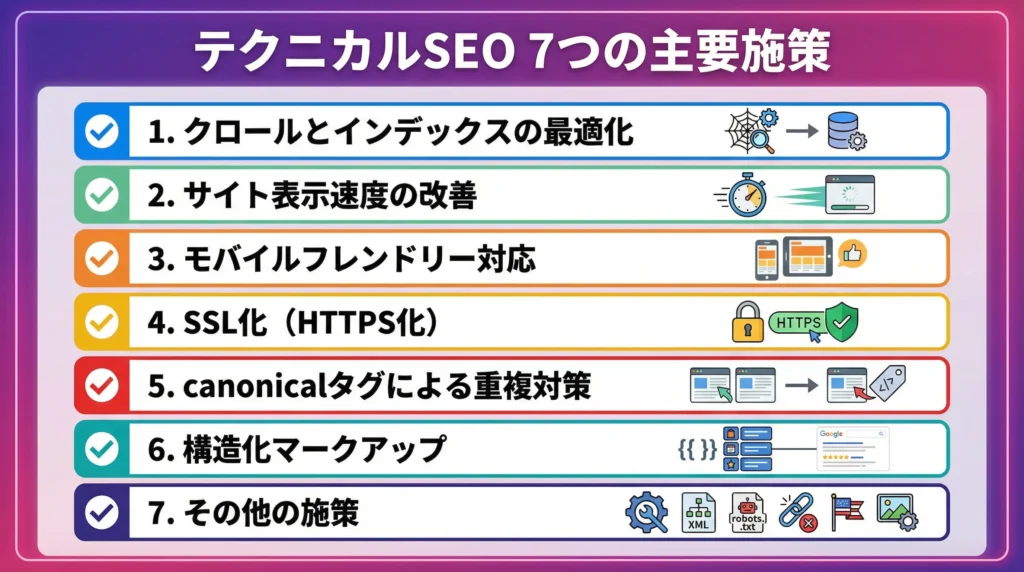 テクニカルSEOの7つの主要施策を一覧で示すチェックリスト。クロールとインデックスの最適化、サイト表示速度の改善、モバイルフレンドリー対応、SSL化、canonicalタグによる重複対策、構造化マークアップ、その他の施策の7項目。