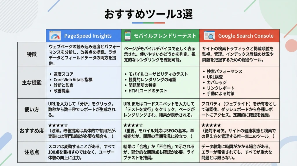 テクニカルSEOの問題発見に役立つ3つのツール（PageSpeed Insights、モバイルフレンドリーテスト、Google Search Console）の比較表。特徴、主な機能、使い方、おすすめ度、注意点を一覧で比較。