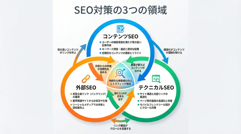 SEO対策の3つの領域（コンテンツSEO、外部SEO、テクニカルSEO）の関係を示すベン図。3つの円が重なり合い、相互に影響し合う様子を視覚化した図解。