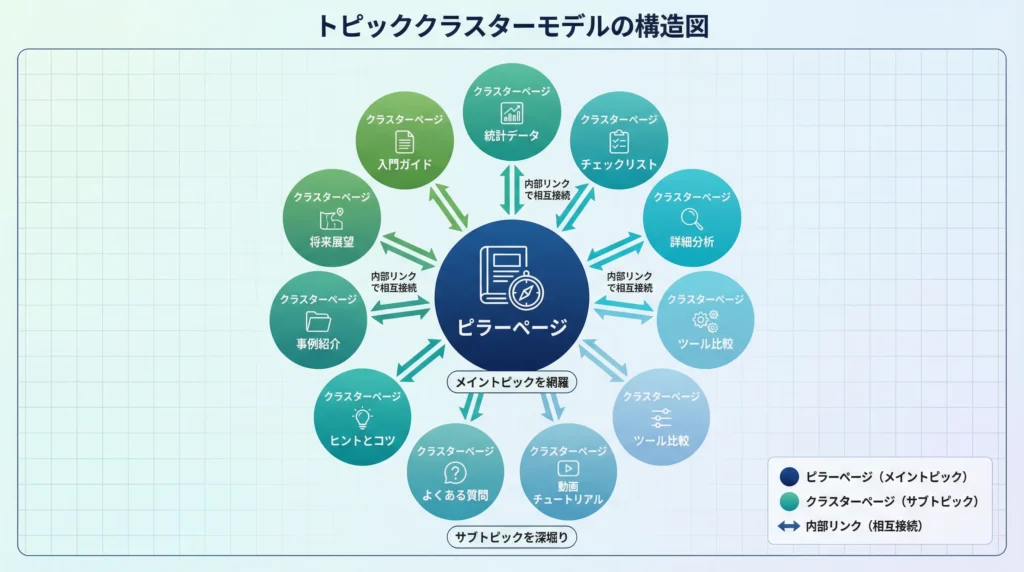 トピッククラスターモデルの構造図。中央に青いピラーページがあり、周囲に10個のクラスターページが配置され、双方向の矢印で内部リンクの相互接続を示している。