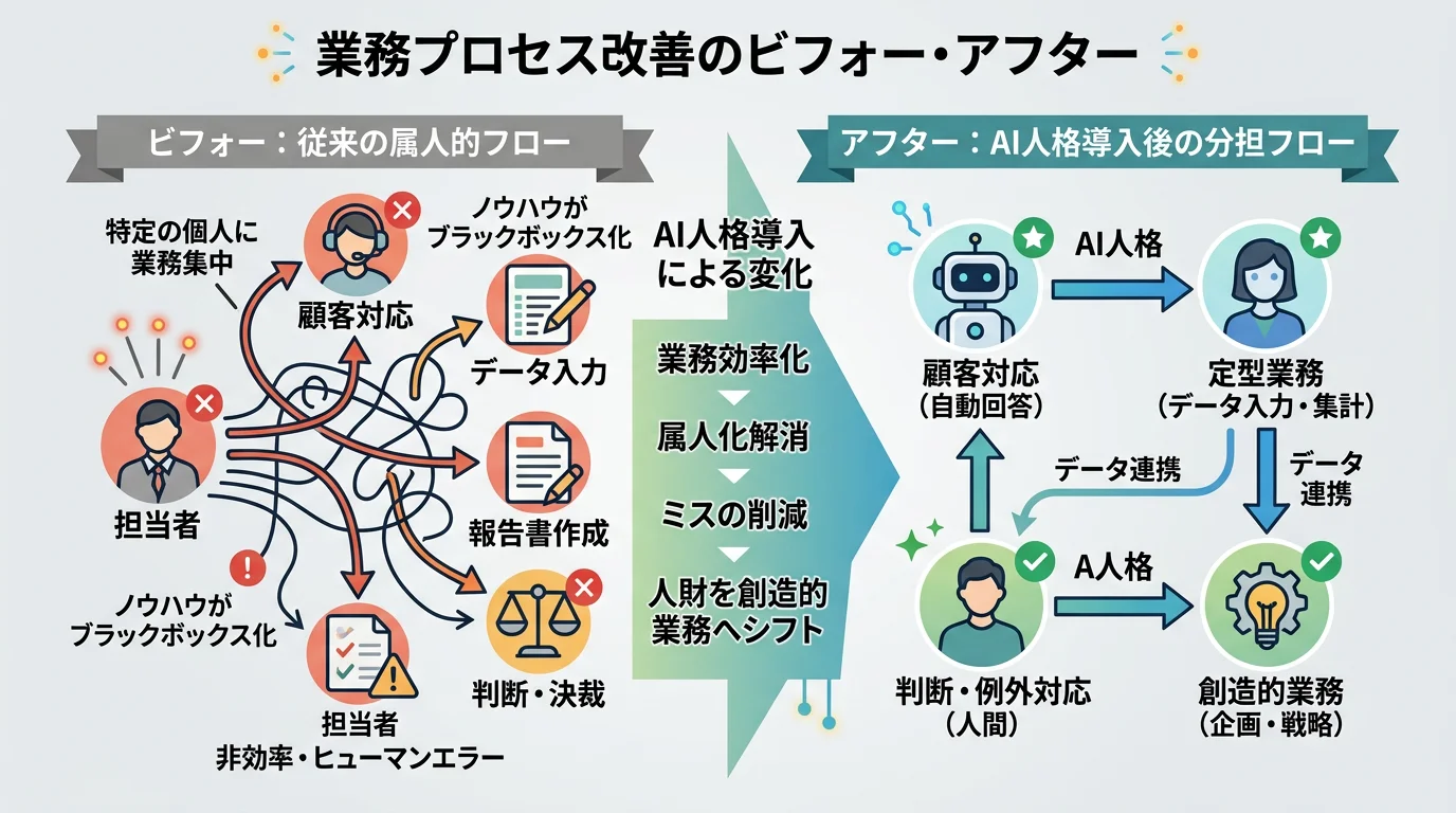 業務プロセス改善のビフォー・アフター(従来の属人的フロー→AI人格導入後の分担フロー)