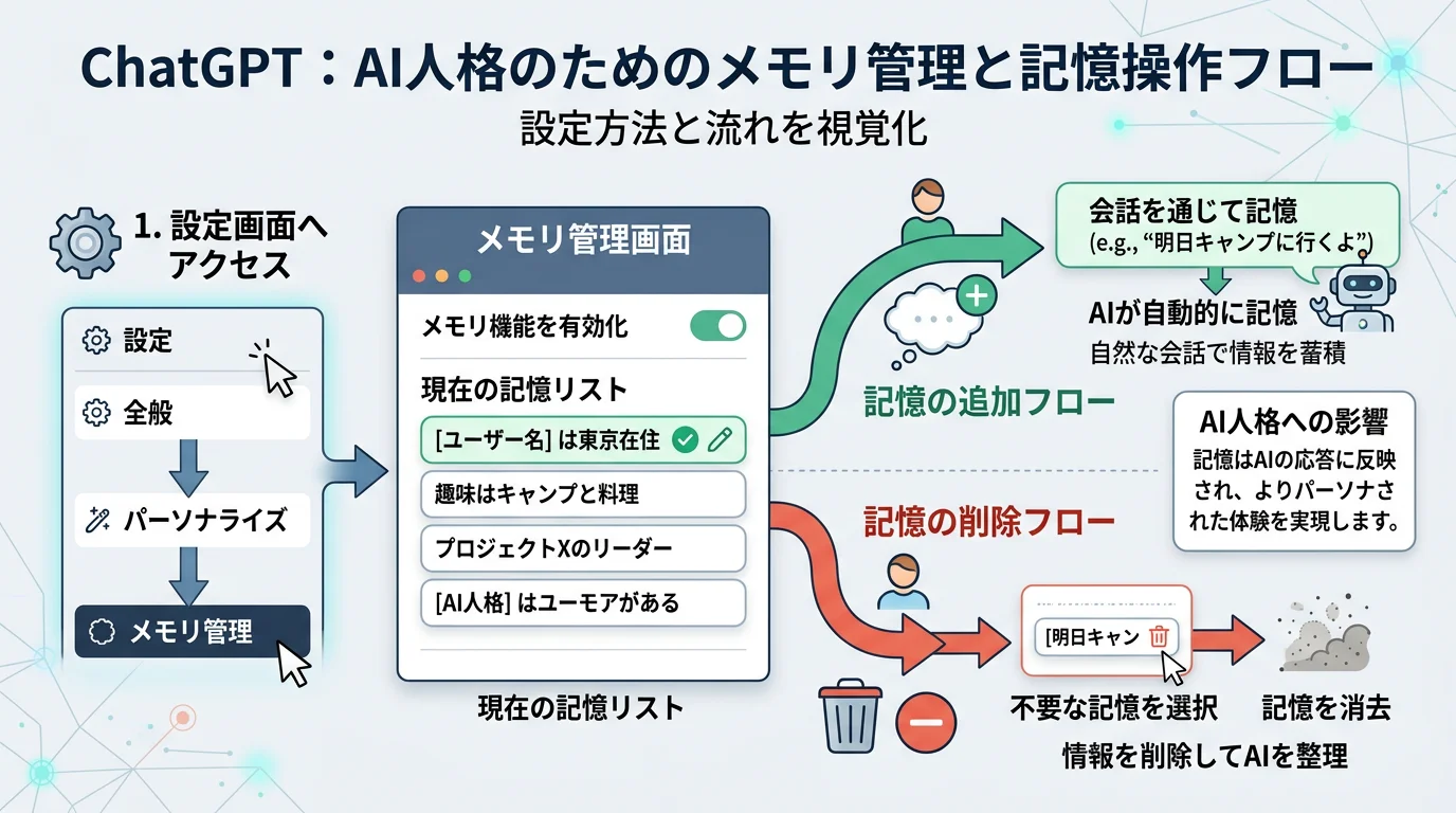 メモリ管理画面と記憶の追加・削除の操作フロー