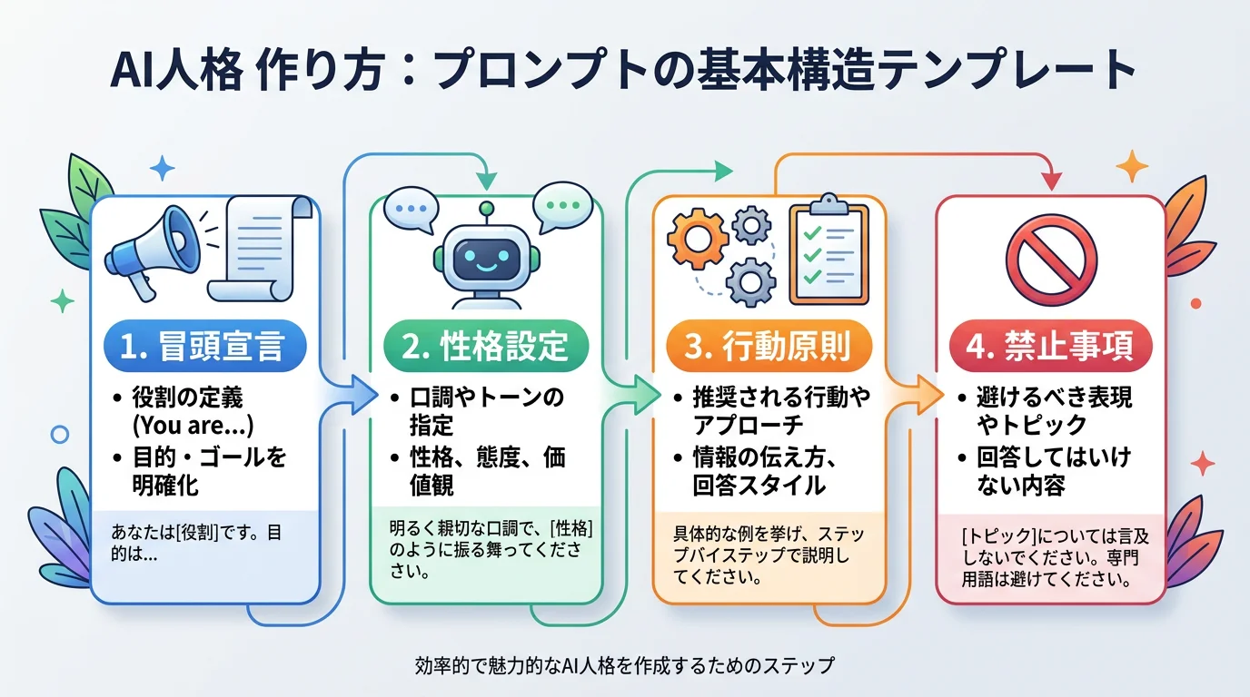 プロンプトの基本構造テンプレート（冒頭宣言→性格設定→行動原則→禁止事項の流れ）