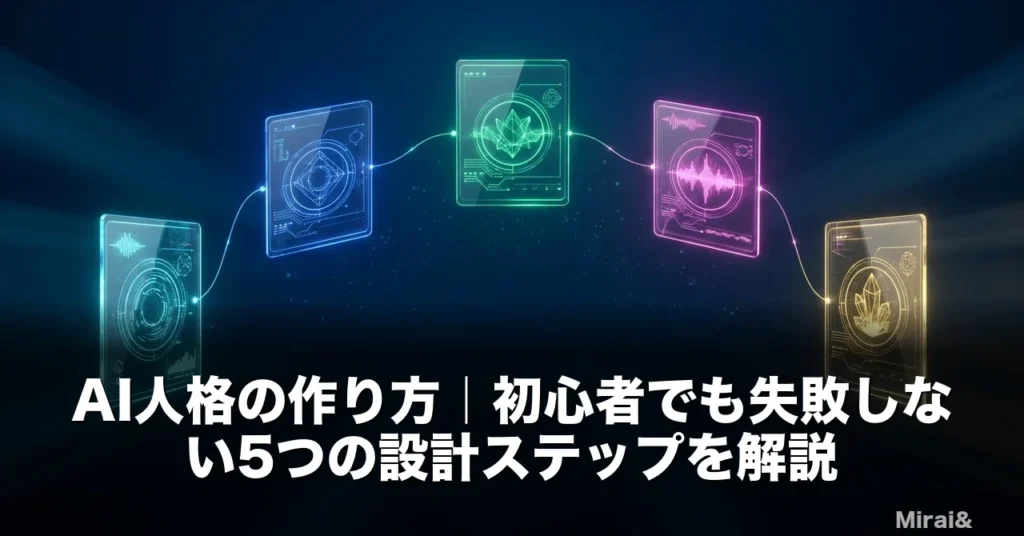 AI人格の作り方を5つの設計ステップで示した未来的なフロー図。透明なガラスパネルが段階的に並び、各ステップを象徴するホログラム光が接続されている