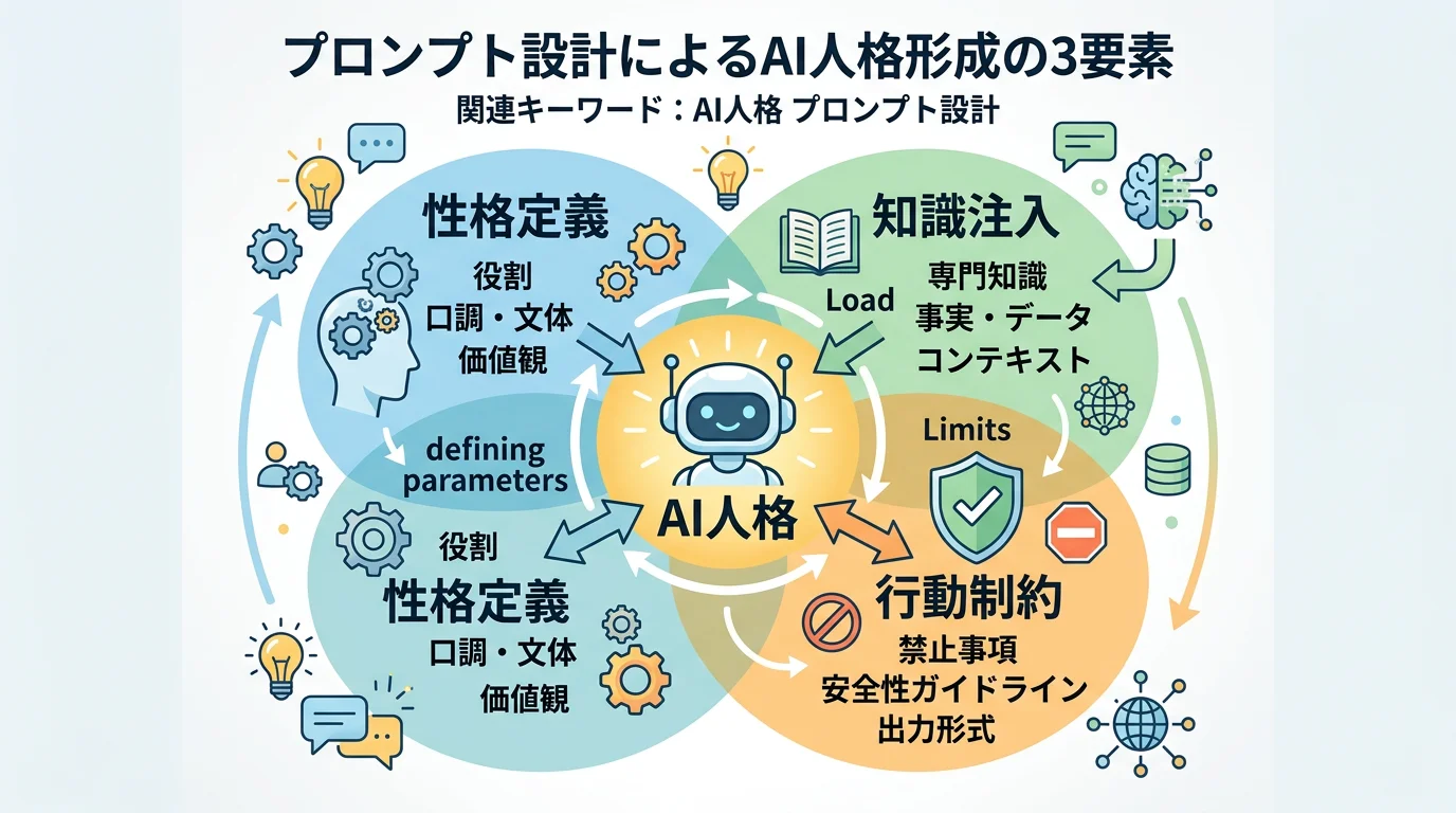 性格定義・知識注入・行動制約の3要素が重なり合ってAI人格を形成する概念図