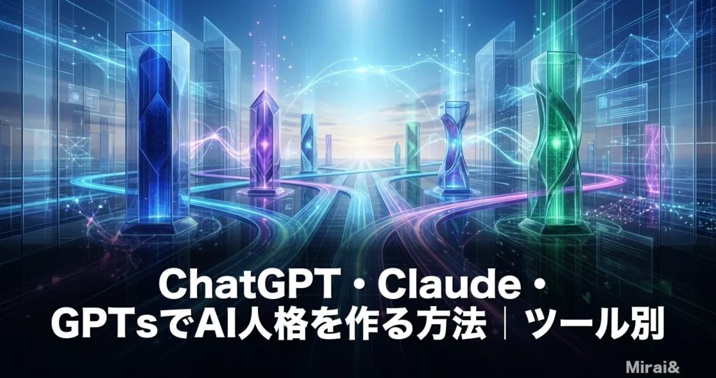 ChatGPT・Claude・GPTsのツール別にAI人格を作る手順を示す、ディープブルーの空間に浮かぶ3枚の透明UIパネルと光のデータフロー