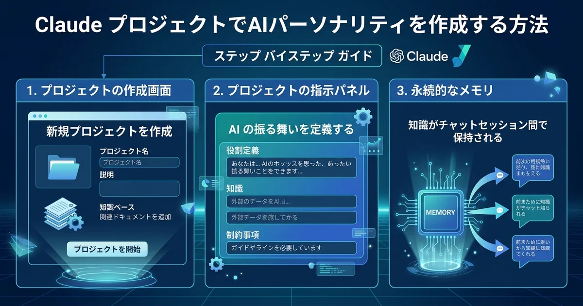 ClaudeのProjectsでAI人格を作る3ステップ（プロジェクト作成・ナレッジ登録・指示設定）を示した手順図解