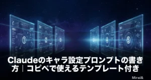 Claudeのキャラ設定プロンプト5要素をホログラム状のUIパネルで表現したアイキャッチ画像