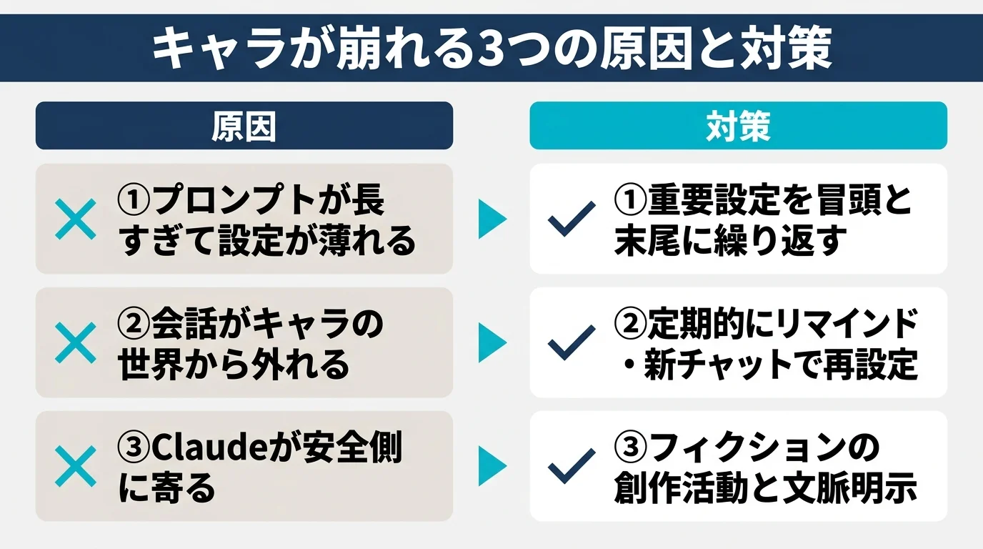 Claudeキャラ設定が崩れる3つの原因（プロンプト希薄化・文脈ずれ・安全設計）とそれぞれの対策を左右対比で示した図解