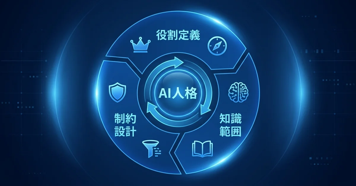 AI人格の仕組みを構成する役割定義・知識範囲・制約設計の3要素と継続的改善サイクルを示す図解
