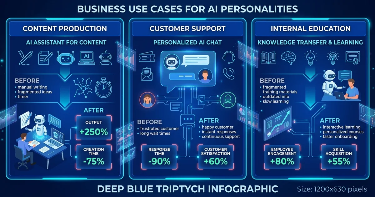 ビジネスでAI人格を活用する3場面(コンテンツ制作・顧客対応・社内教育)の効果と使い方を比較した図解