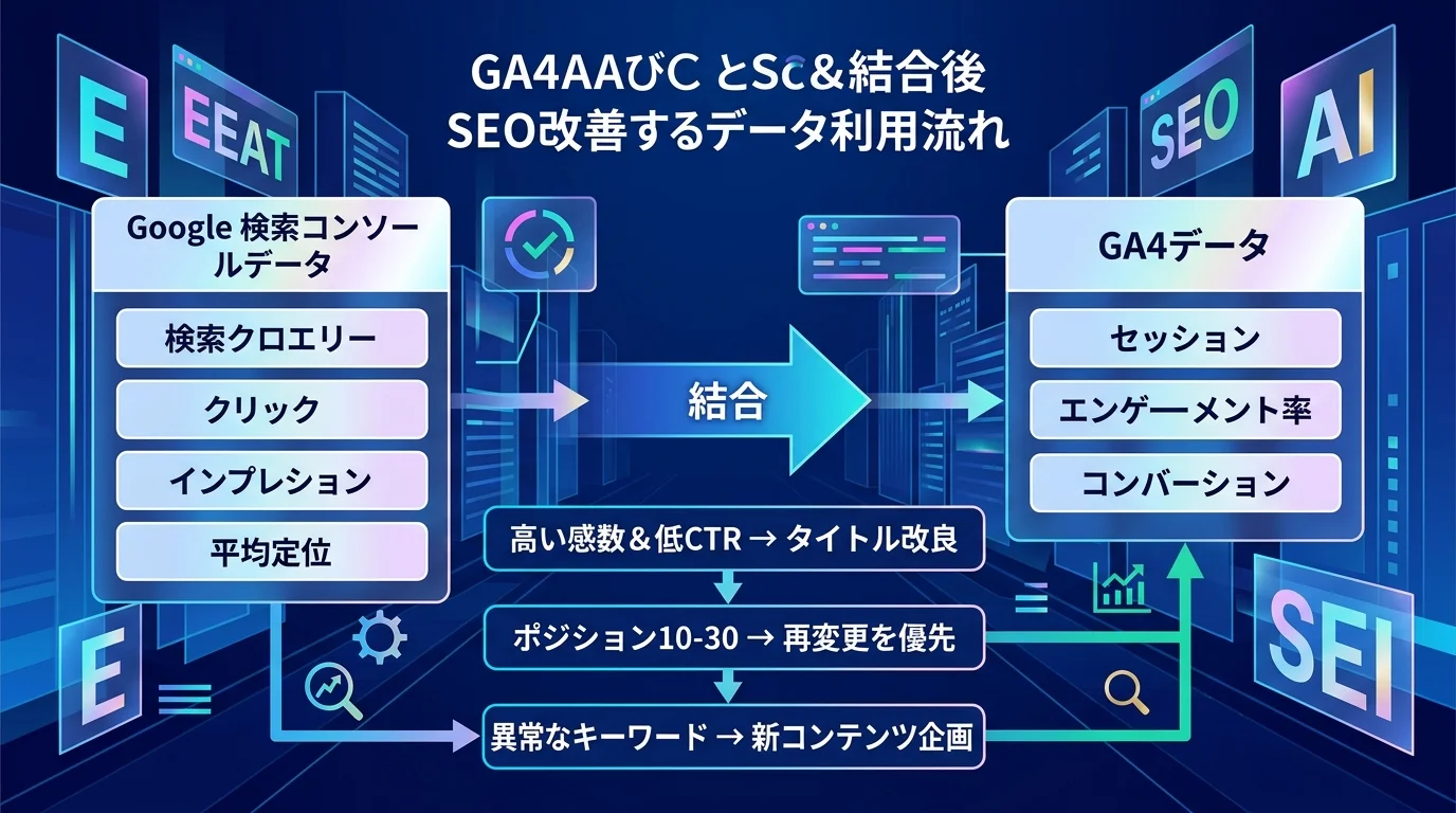 GA4とサーチコンソール連携後のSEO改善データフロー図解。検索クエリデータとサイト内行動データを組み合わせた改善サイクル
