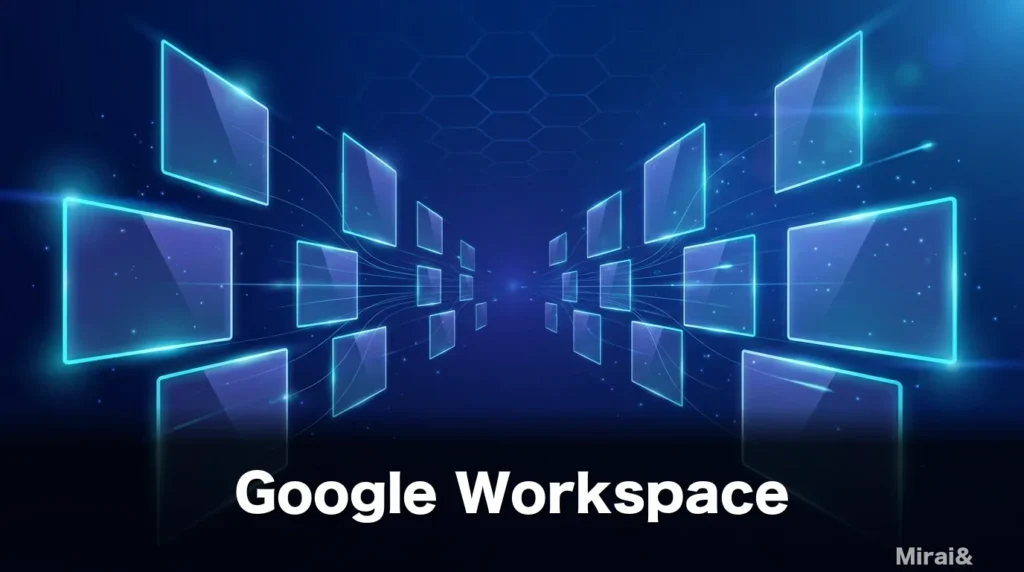 Google Workspace Gemini料金とプラン選びを解説する記事のアイキャッチ画像。ディープブルー空間に浮遊するホログラム料金パネルが奥行き方向に整列した未来的なビジュアル