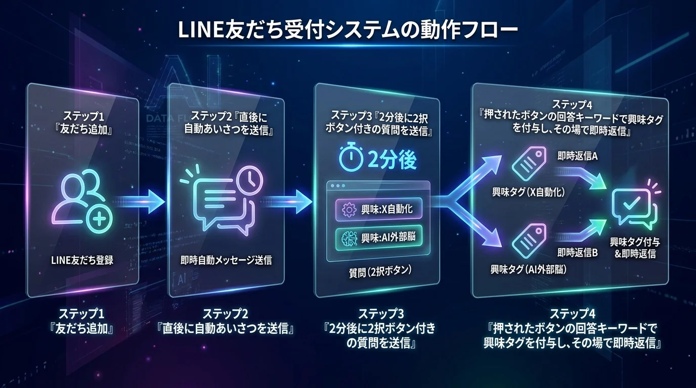 LINE友だち受付システムの動作フローを示す4ステップの図。友だち追加、直後に自動あいさつ、2分後に2択ボタン付き質問、回答キーワードで興味タグ（X自動化／AI外部脳）を付与し即時返信、を左から右へ矢印でつないでいる