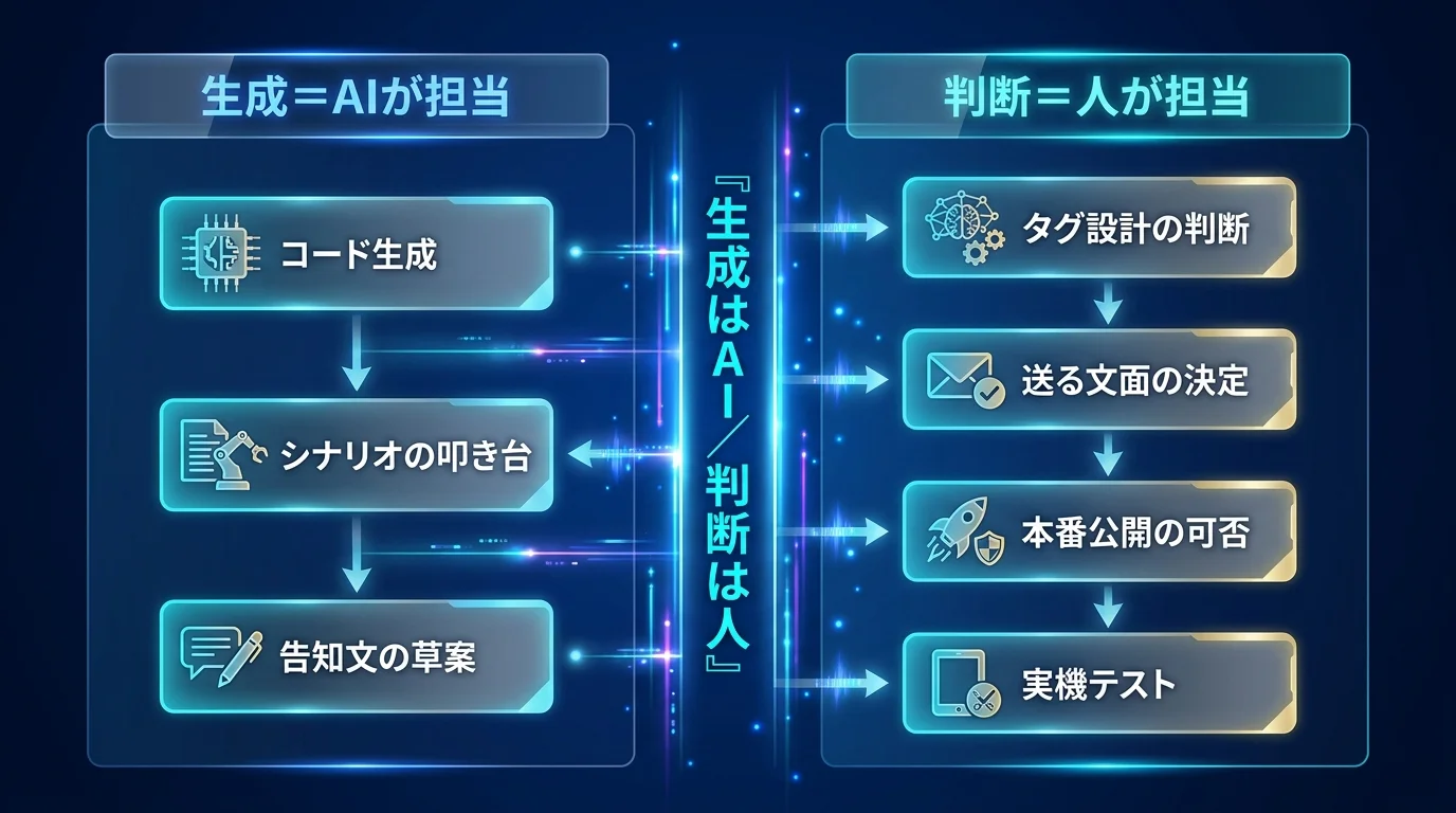 AIに任せた作業と人が持つ判断の線引きを左右2カラムで比較した図。左『生成＝AIが担当』にコード生成・シナリオの叩き台・告知文の草案、右『判断＝人が担当』にタグ設計の判断・送る文面の決定・本番公開の可否・実機テスト、中央に生成はAI／判断は人