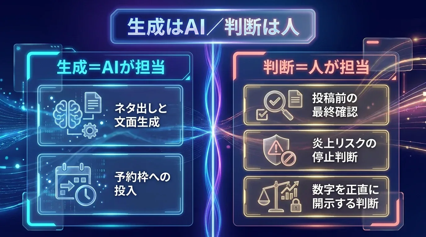 左カラム「生成＝AIが担当」にネタ出しと文面生成・予約枠への投入、右カラム「判断＝人が担当」に投稿前の最終確認・炎上リスクの停止判断・数字を正直に開示する判断を配置した対比図
